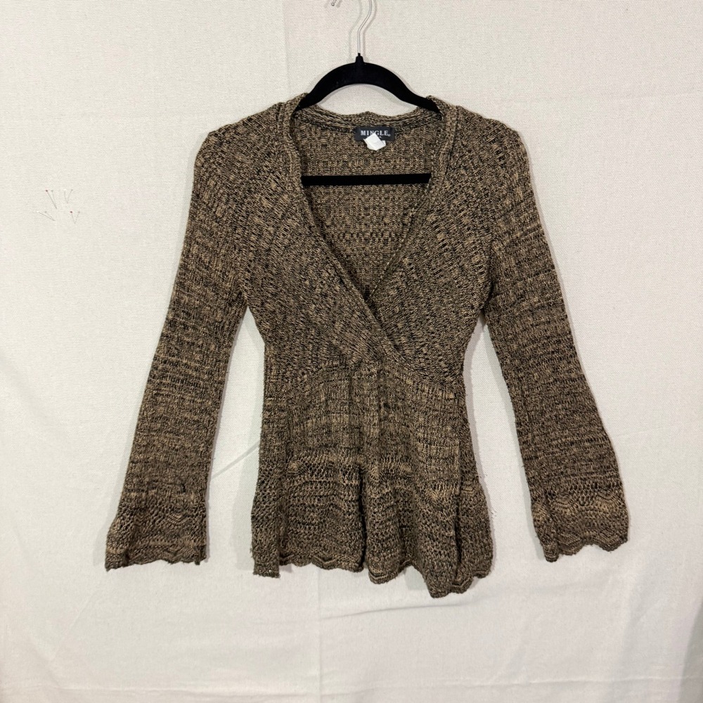 Mingle Womens Marled Knit Wrap V-Neck Sweater Brown Tan Boho Small USA Made